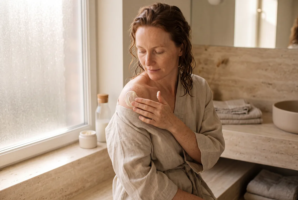 Application d'une crème riche sur une épaule encore humide après la douche