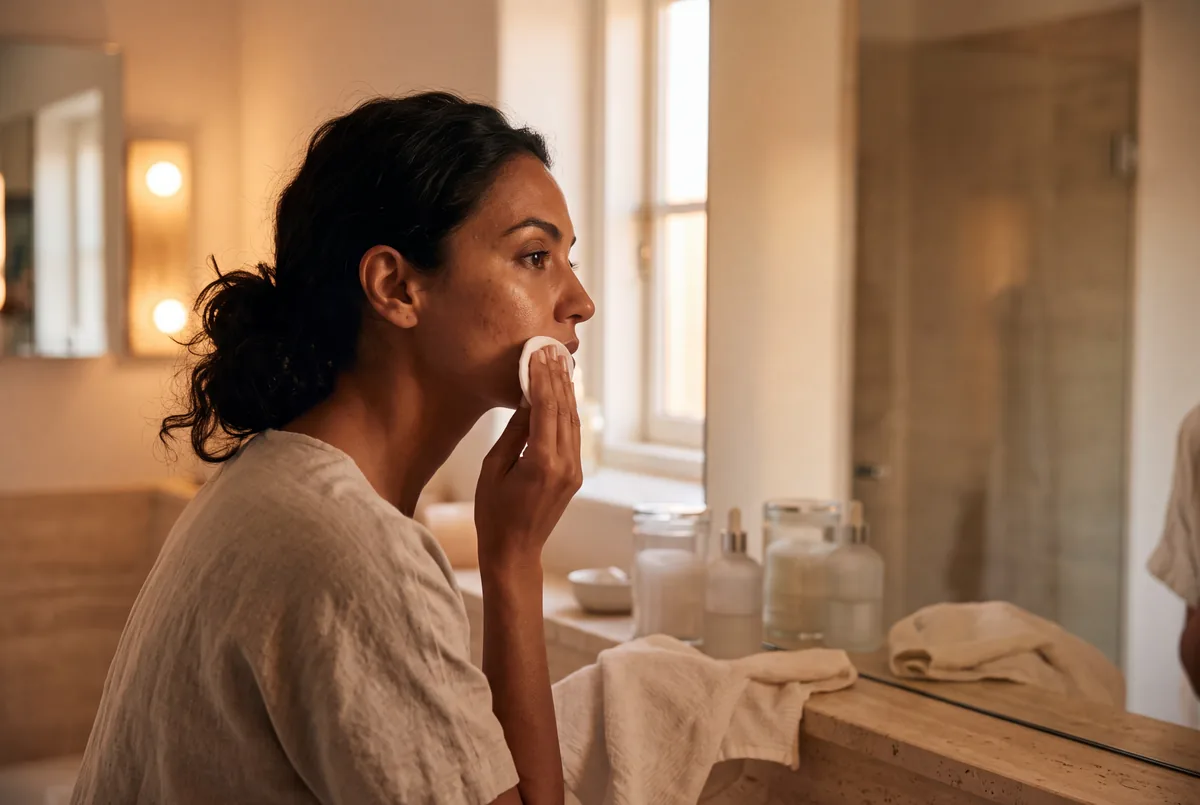 Routine du soir au miroir dans une lumière chaude et tamisée