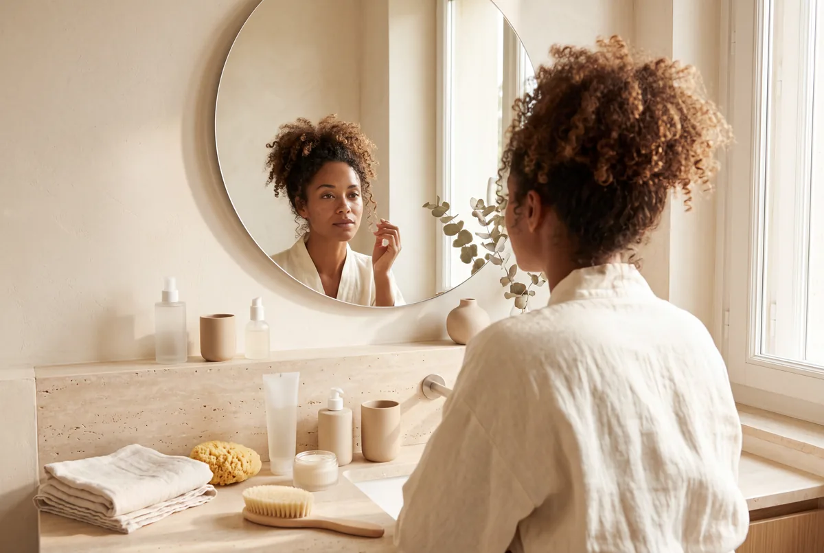 Femme aux cheveux bouclés naturels devant un miroir rond, lumière du matin dans une salle de bain crème