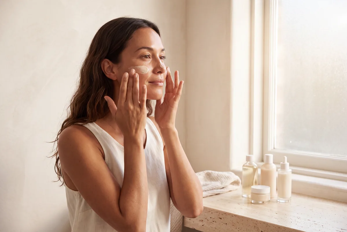 Application d'une protection solaire sur le visage devant une fenêtre ensoleillée