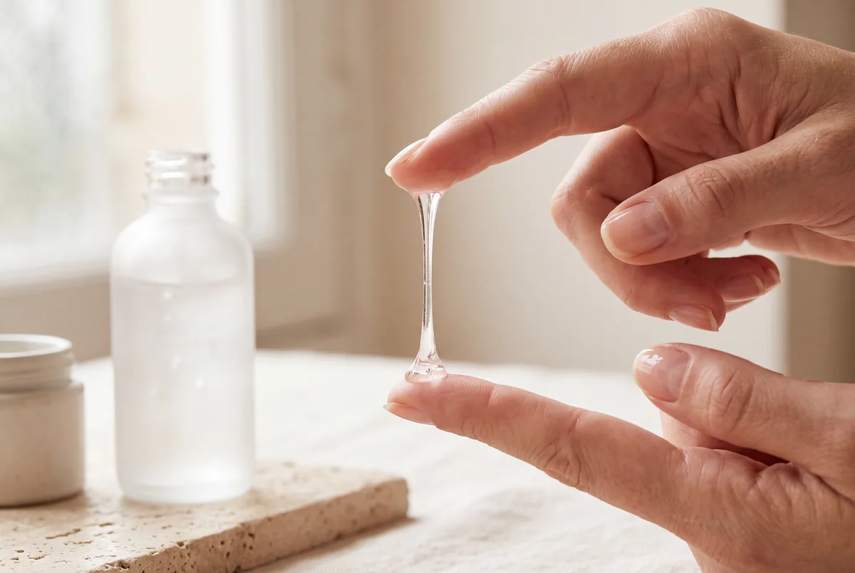 Gel translucide d'acide hyaluronique étiré entre deux doigts