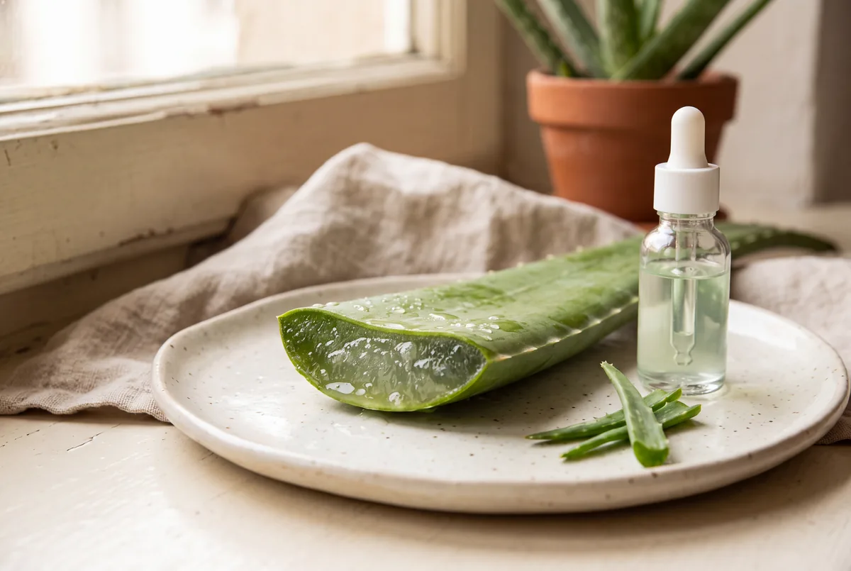 Feuille d'aloe vera coupée révélant son gel translucide sur une assiette en céramique