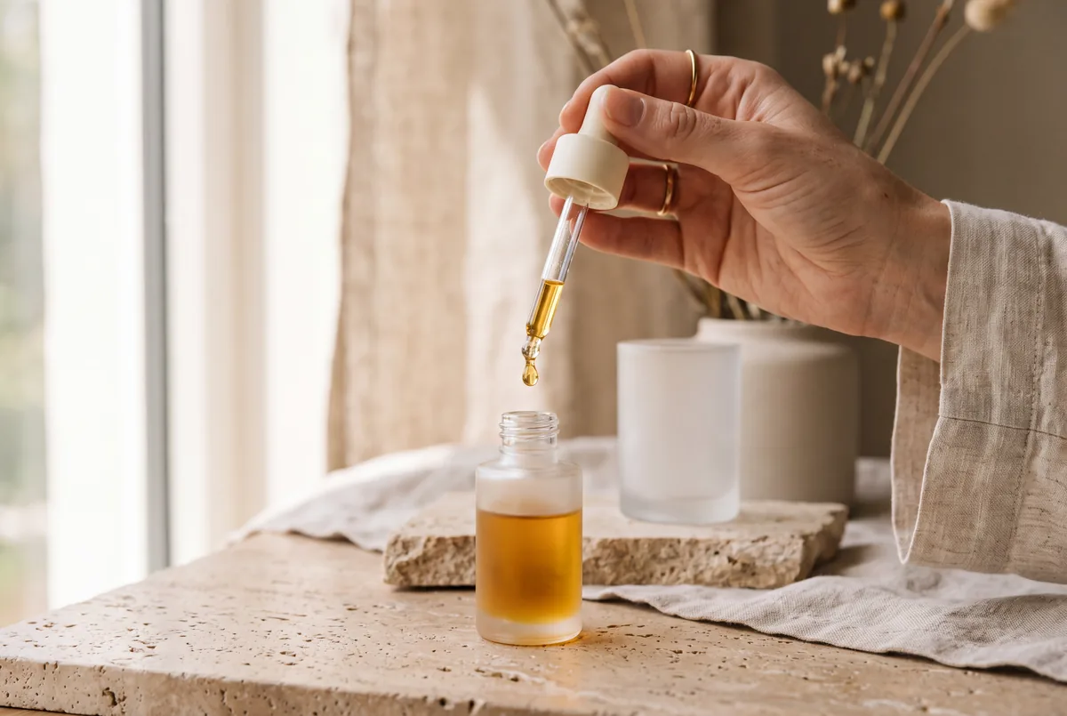 Huile d'argan dorée suspendue au bout d'une pipette en verre