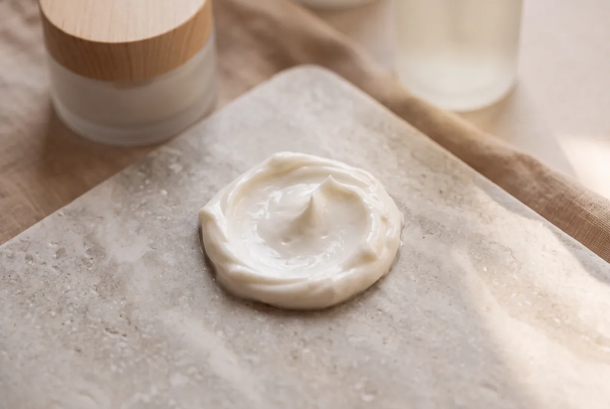 Texture de crème riche aux céramides, macro sur une pierre claire