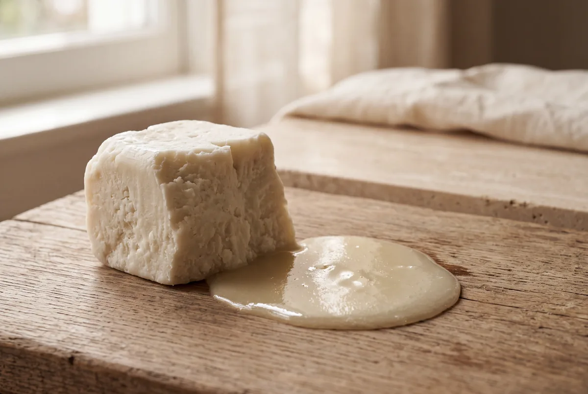 Beurre de karité brut et sa texture fondante sur du bois chaud