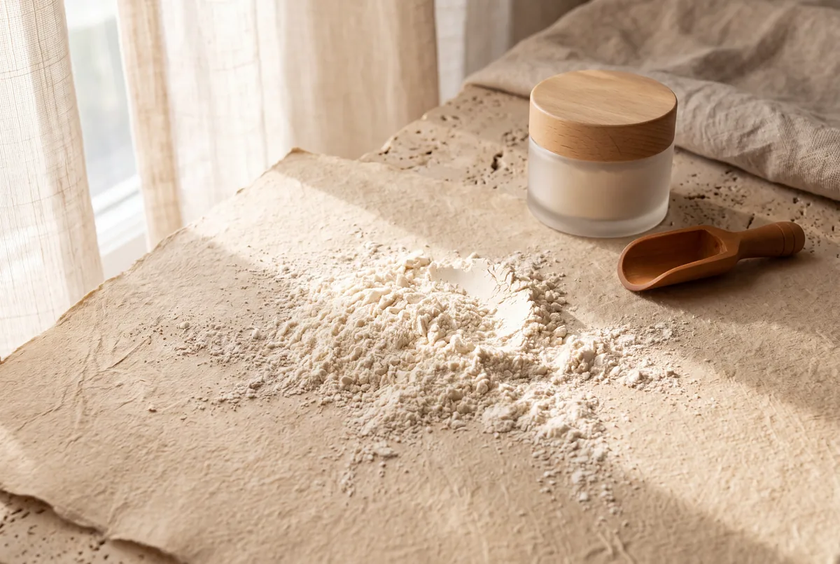 Poudre blanche fine évoquant la niacinamide sur un fond beige