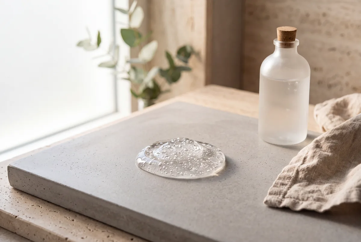 Gel clair apaisant évoquant le panthénol sur une surface gris pâle