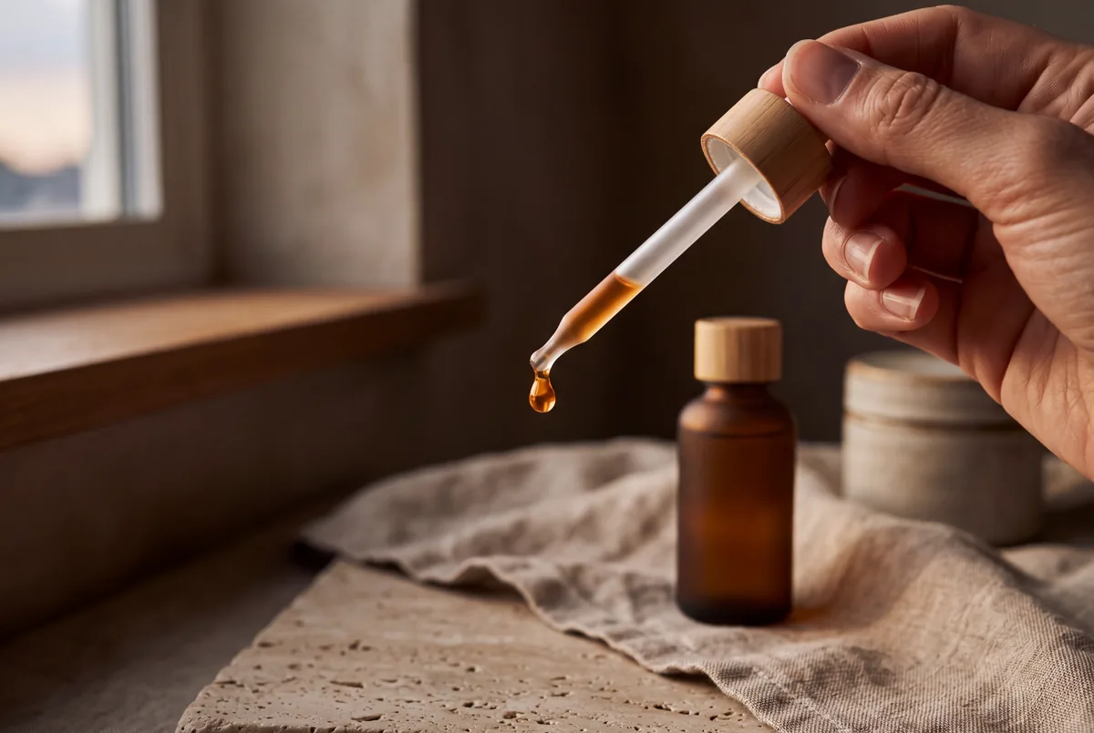 Goutte de sérum ambré évoquant le rétinol au bout d'un compte-gouttes