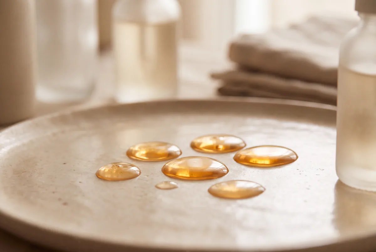 Gouttes ambrées évoquant un sérum à la vitamine C sur une surface ivoire