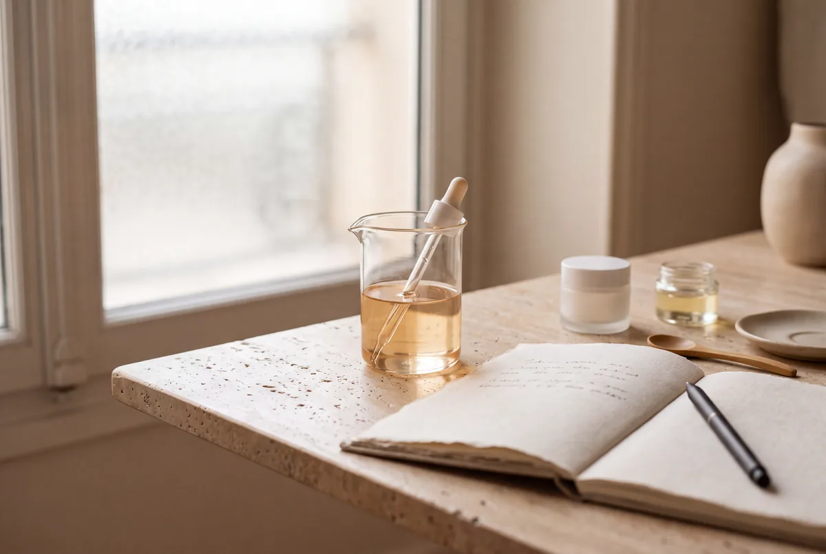 Bécher de sérum et carnet de notes manuscrites à côté d'une fenêtre