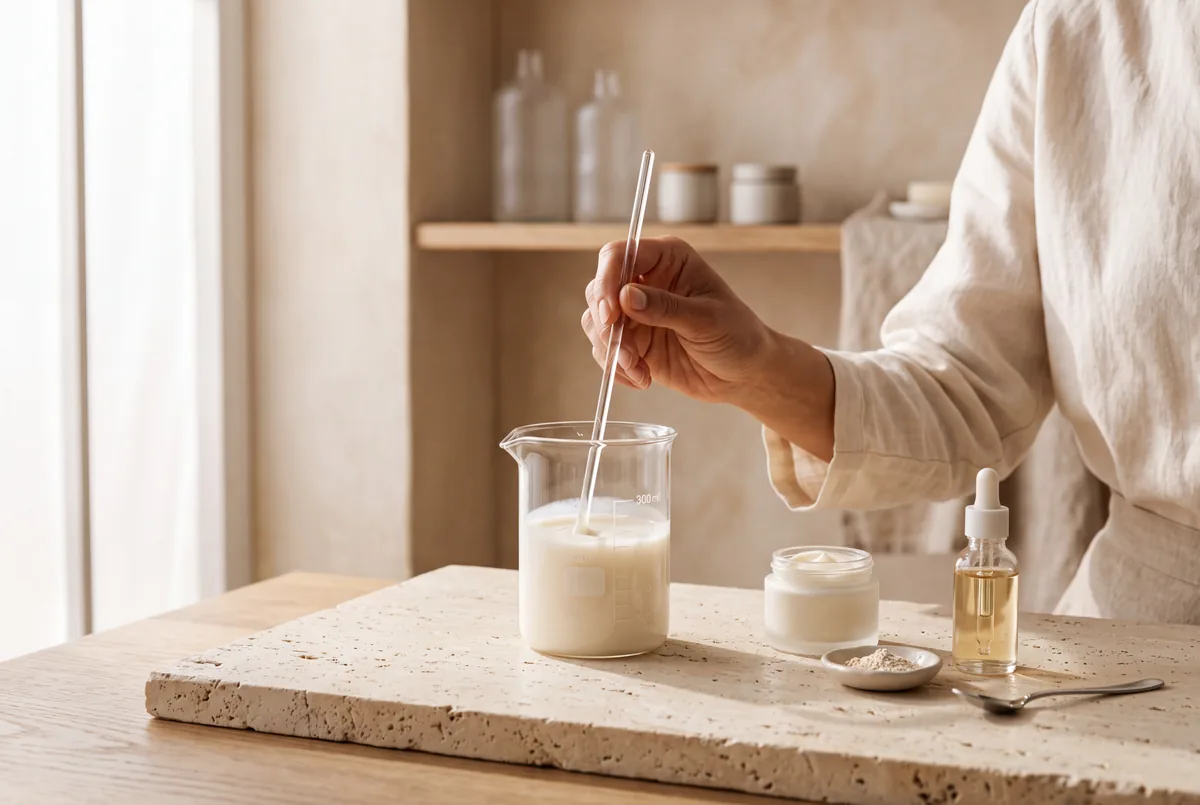 Formulation cosmétique sur une table de laboratoire minimaliste