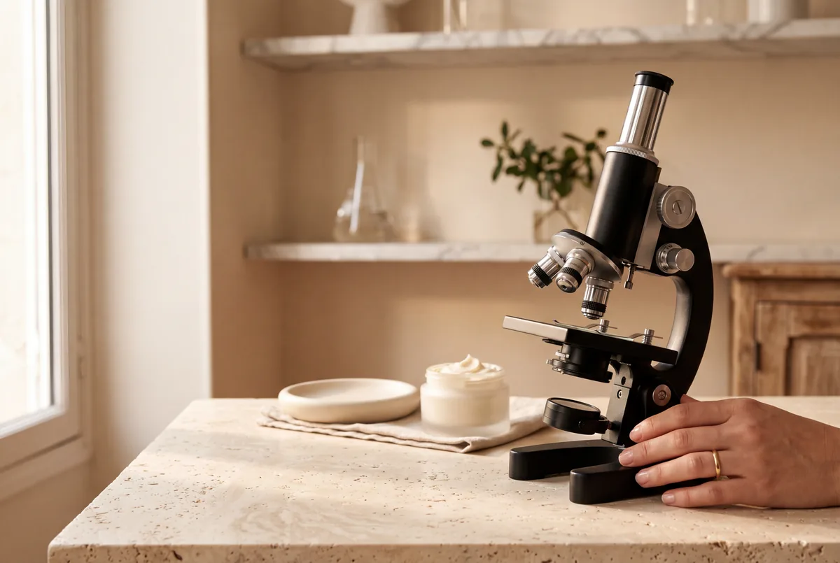 Microscope au premier plan et texture de crème en arrière-plan flou