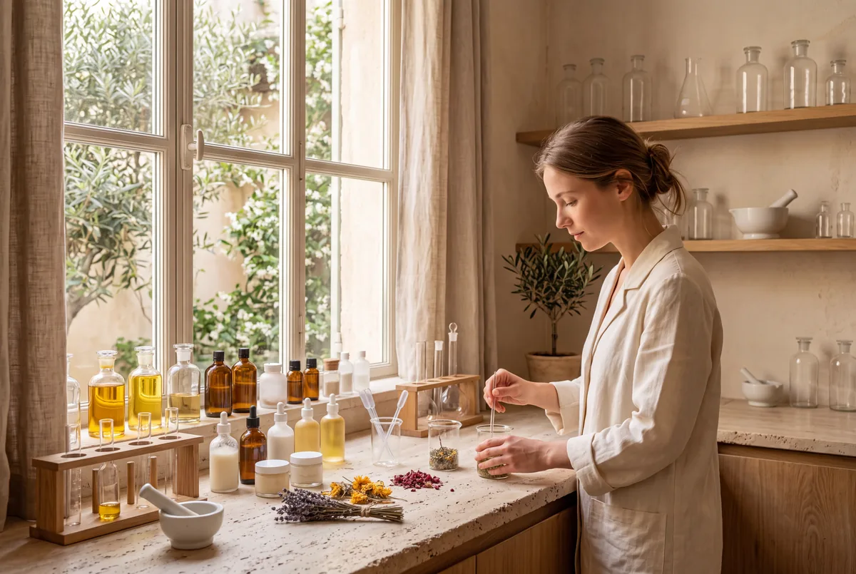 Coin de laboratoire cosmétique premium, propre et lumineux