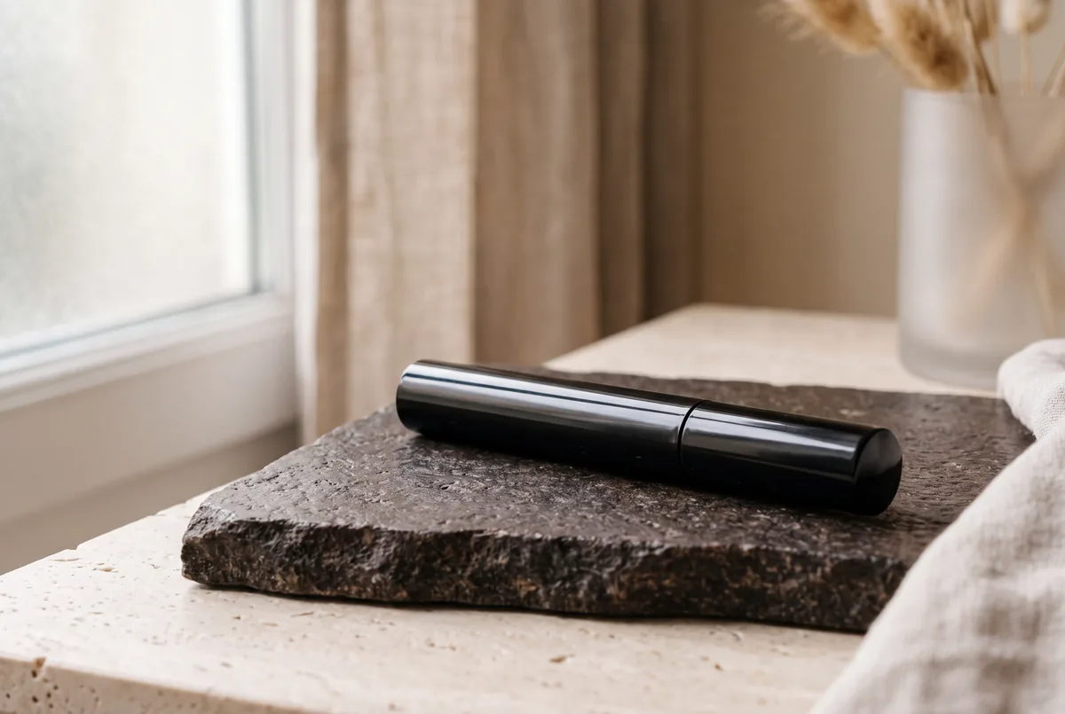 Mascara posé sur une pierre sombre en lumière douce
