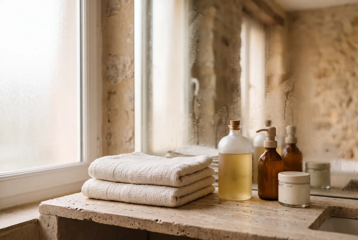 Serviette en lin et produits sans marque devant un miroir légèrement embué